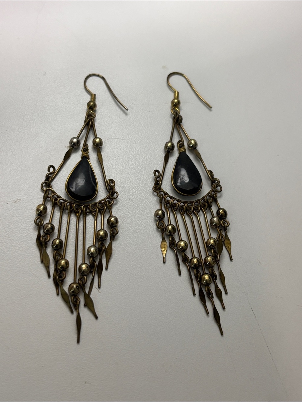 Black Teardrop Chandelier Earrings Antique Gold Bronze Boho Fringe Dangle